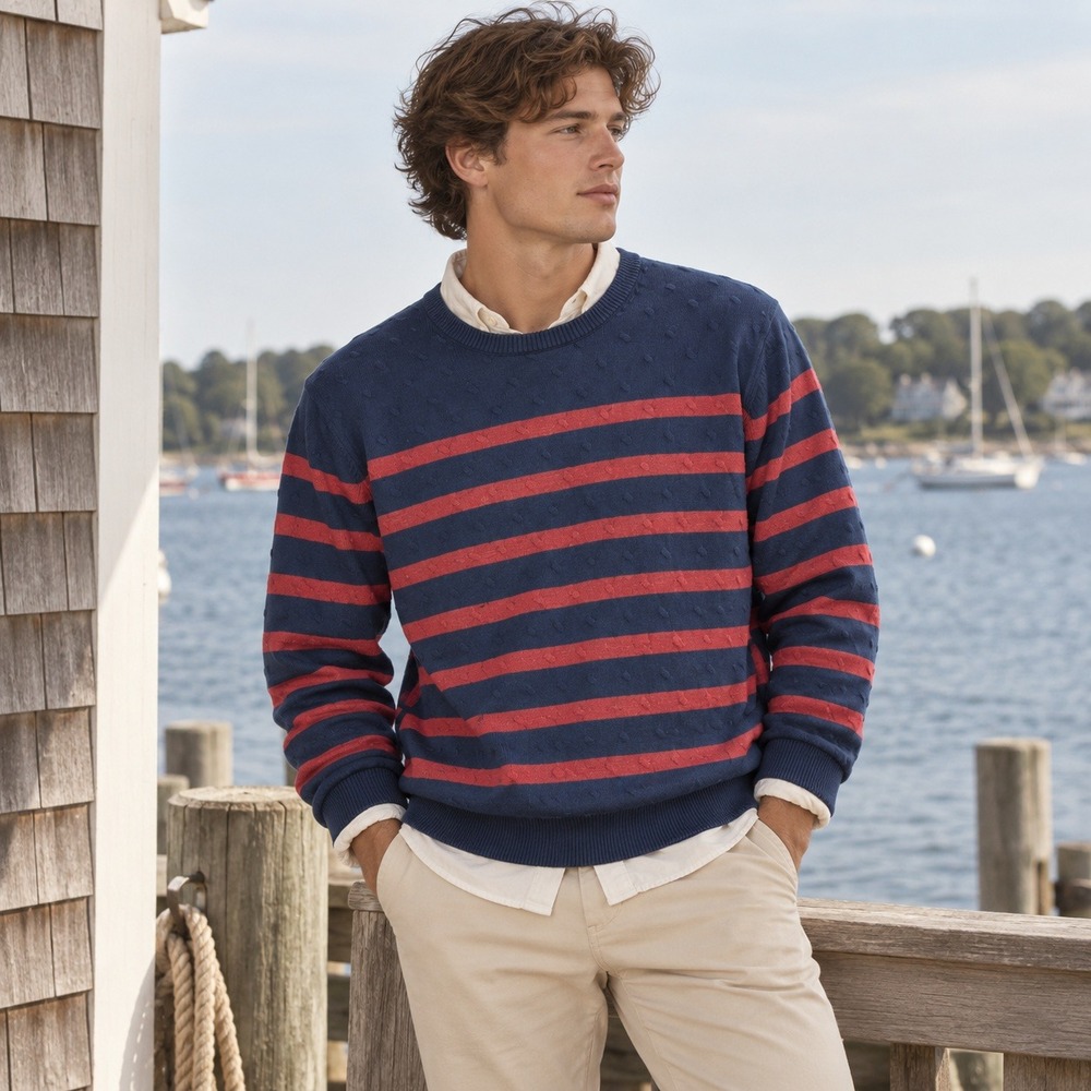 Jos. A. Bank 1906 Mens XL Navy Blue Red Striped Textured Crewneck Sweater Preppy
